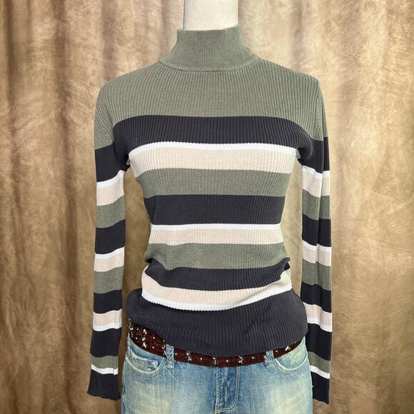 croft & barrow Sweaters - Y2K Striped Ribbed Sweater High Neck Long Sleeve Green Black Tan Skater Grunge